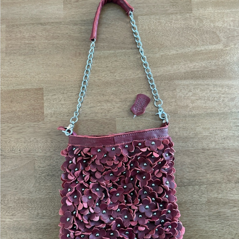 Genuine Leather Floral Embellished Pink Shoulder Bag